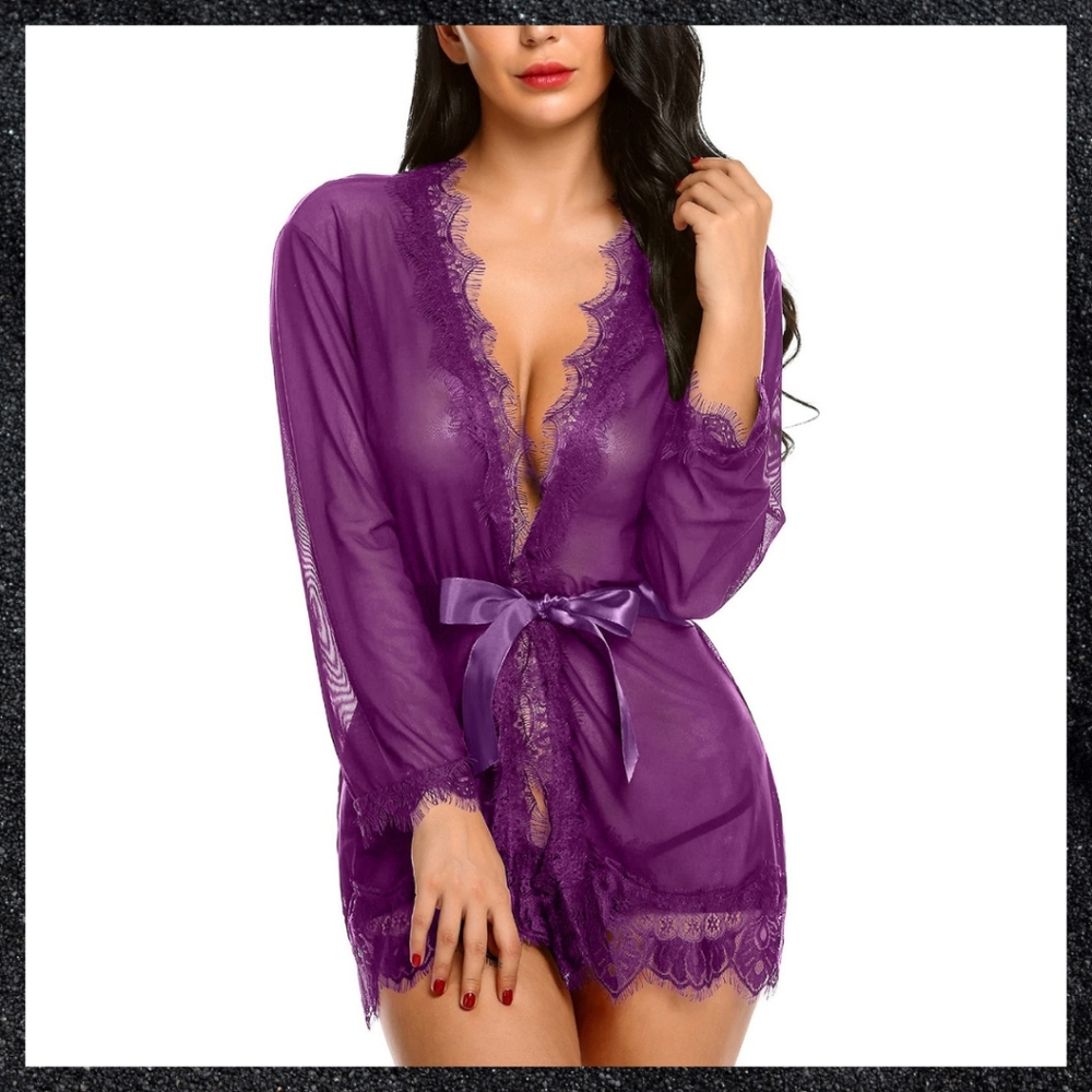 Purple Sheer Chiffon Eyelash Lace Trim Robe